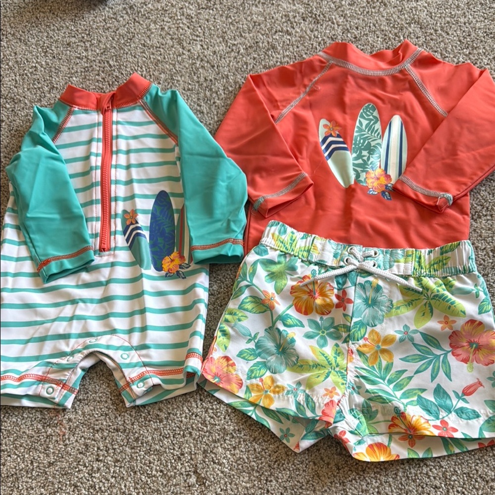 Kids Swim Set with Surfboard Design - Orange and Green